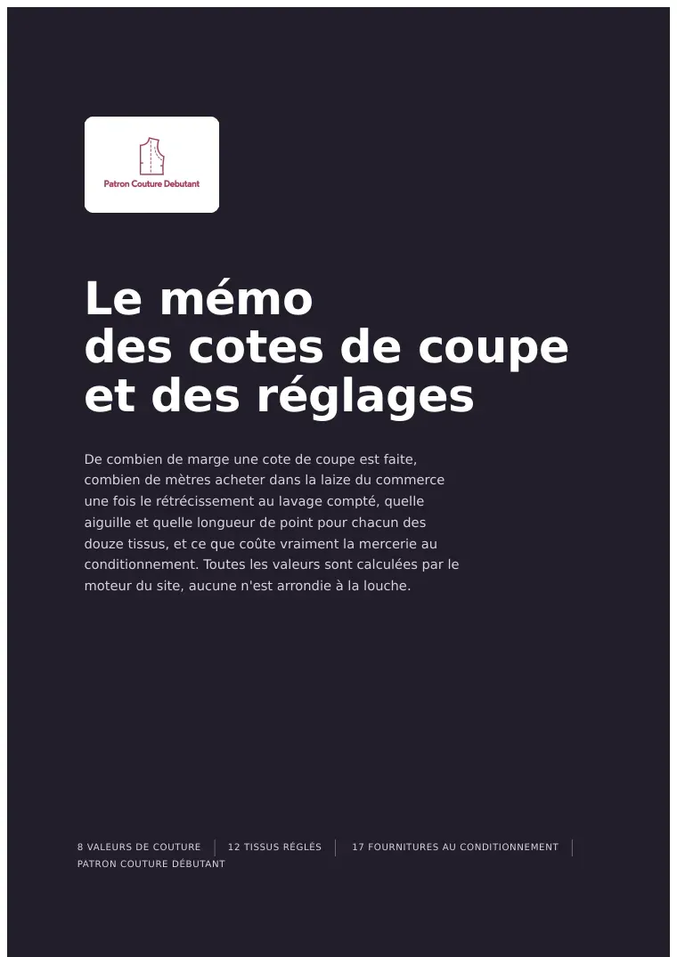 La première page du mémo des cotes de coupe et des réglages, document PDF gratuit de treize pages